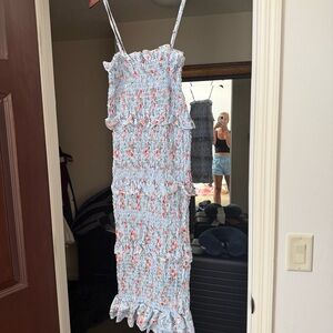 Commense Blue and Red Floral Smocked Dress